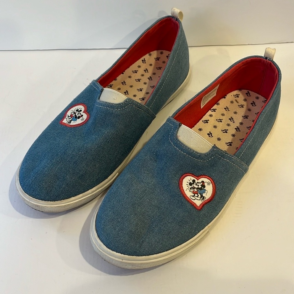 Disney loafer tennis shoes size 6 blue canvas slip on heel tab Mickey & Minnie